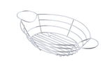 A chrome plated silver serving basket with an oval shape and open design, featuring two circular handles. Horizontal and vertical bars form the base and sides, perfect for stylish serving on a plain white background.