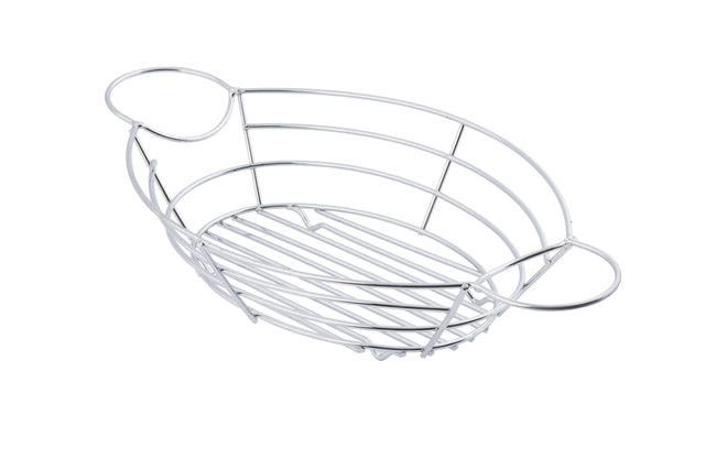 A chrome plated silver serving basket with an oval shape and open design, featuring two circular handles. Horizontal and vertical bars form the base and sides, perfect for stylish serving on a plain white background.