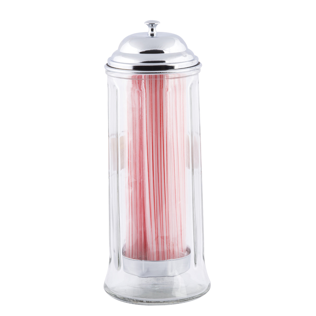 A clear TableCraft glass straw dispenser with a shiny silver lid holds a bundle of pink paper straws standing upright. The straws are packed tightly and visible through the transparent container, evoking classic, retro soda shop style.