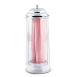 A clear TableCraft glass straw dispenser with a shiny silver lid holds a bundle of pink paper straws standing upright. The straws are packed tightly and visible through the transparent container, evoking classic, retro soda shop style.