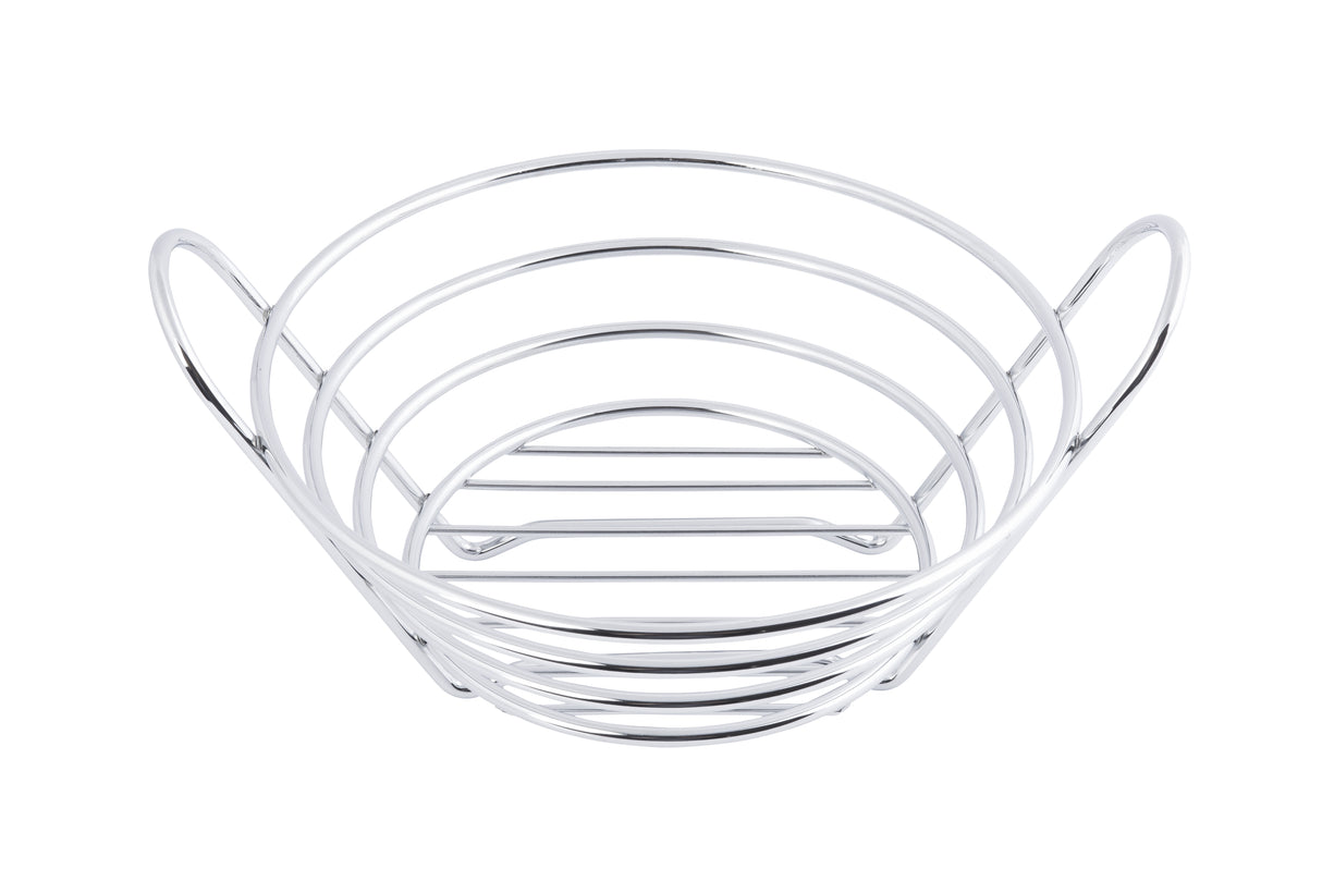 A round, shiny chrome plated TableCraft serving basket with two large handles. The open design features horizontal and vertical bars, creating a see-through, airy structure. The basket is empty and photographed on a white background.