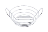 A round, shiny chrome plated TableCraft serving basket with two large handles. The open design features horizontal and vertical bars, creating a see-through, airy structure. The basket is empty and photographed on a white background.