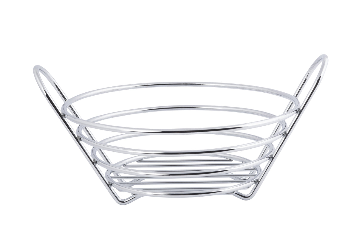 A round, chrome plated TableCraft Serving Basket with an open design and upward-curving sides. It features evenly spaced horizontal rings, two tall arching handles, and a shiny, reflective surface set against a plain white background.