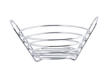 A round, chrome plated TableCraft Serving Basket with an open design and upward-curving sides. It features evenly spaced horizontal rings, two tall arching handles, and a shiny, reflective surface set against a plain white background.