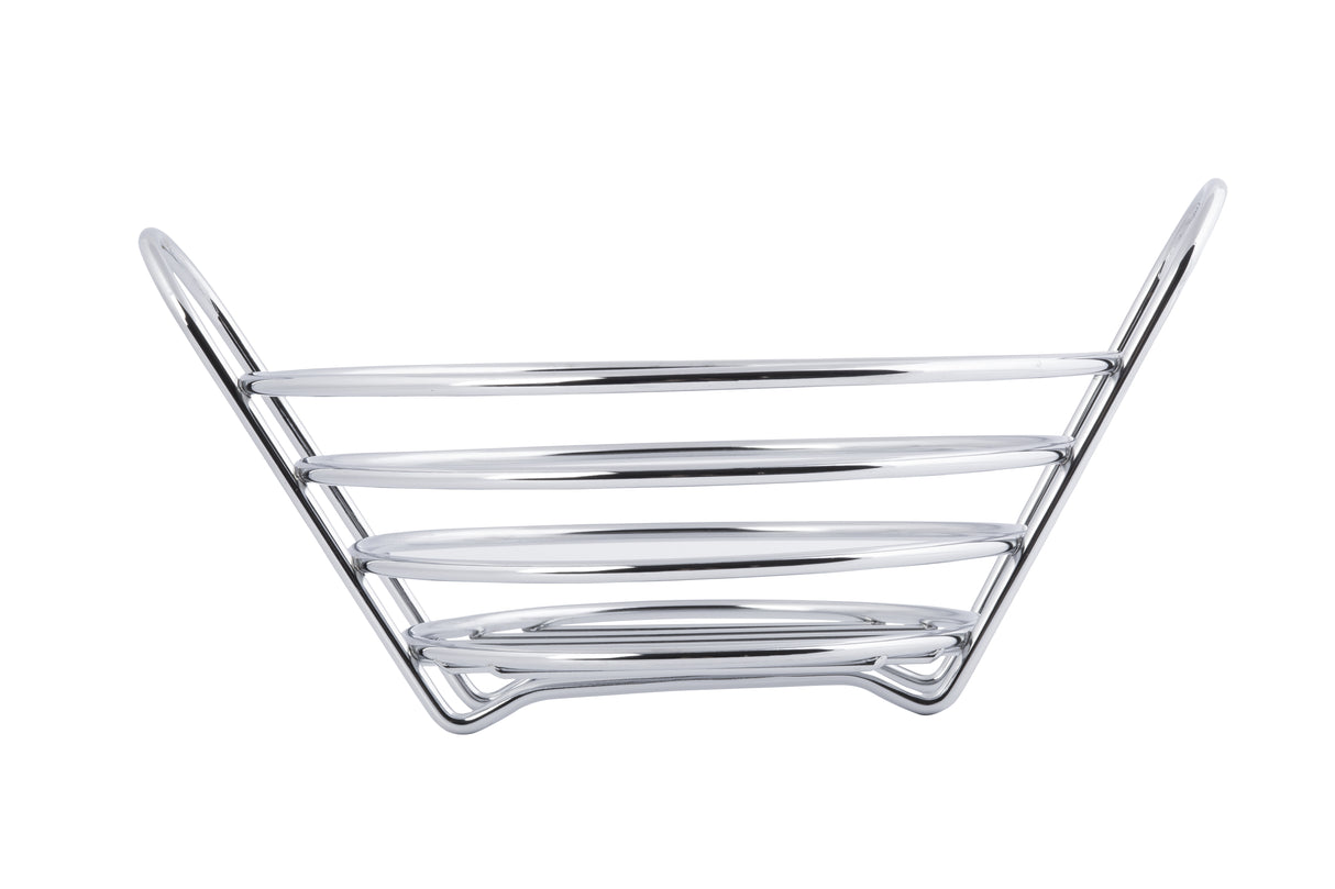 A modern, empty wire serving basket by TableCraft, chrome plated with four horizontal circular bands and two upward-angled sides, creating an open, airy structure on a white background.
