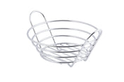 A round, chrome plated TableCraft serving basket with an open wire design and parallel horizontal rings is supported by two curved handles rising above the rim on opposite sides, shown against a white background.