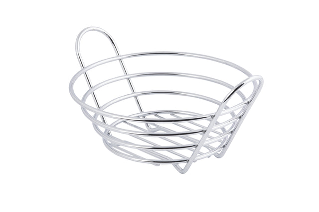A round, chrome plated TableCraft serving basket with an open wire design and parallel horizontal rings is supported by two curved handles rising above the rim on opposite sides, shown against a white background.