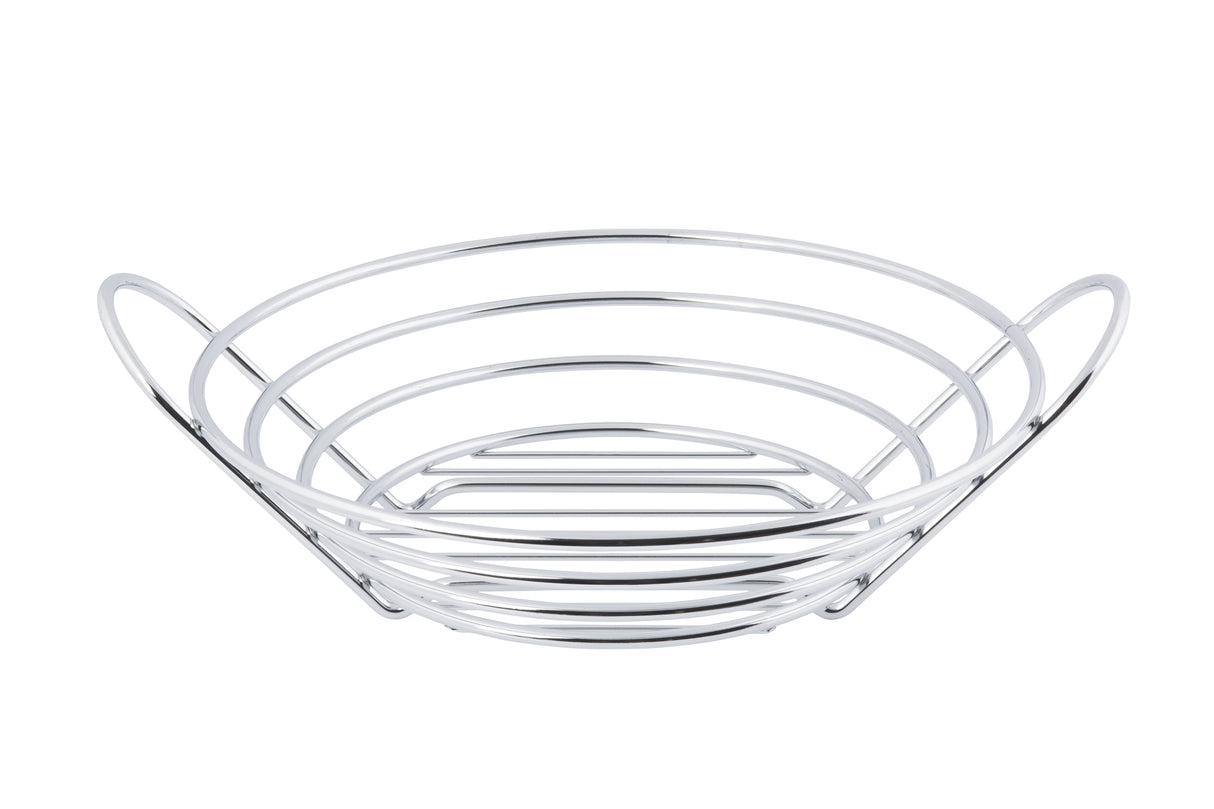 A round, chrome plated wire serving basket with open sides and two curved handles. Its minimalist TableCraft design features concentric bands and a slatted base, perfect for holding fruit or bread. The basket is empty on a white background.