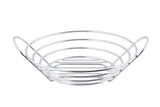 A round, chrome plated wire serving basket with open sides and two curved handles. Its minimalist TableCraft design features concentric bands and a slatted base, perfect for holding fruit or bread. The basket is empty on a white background.