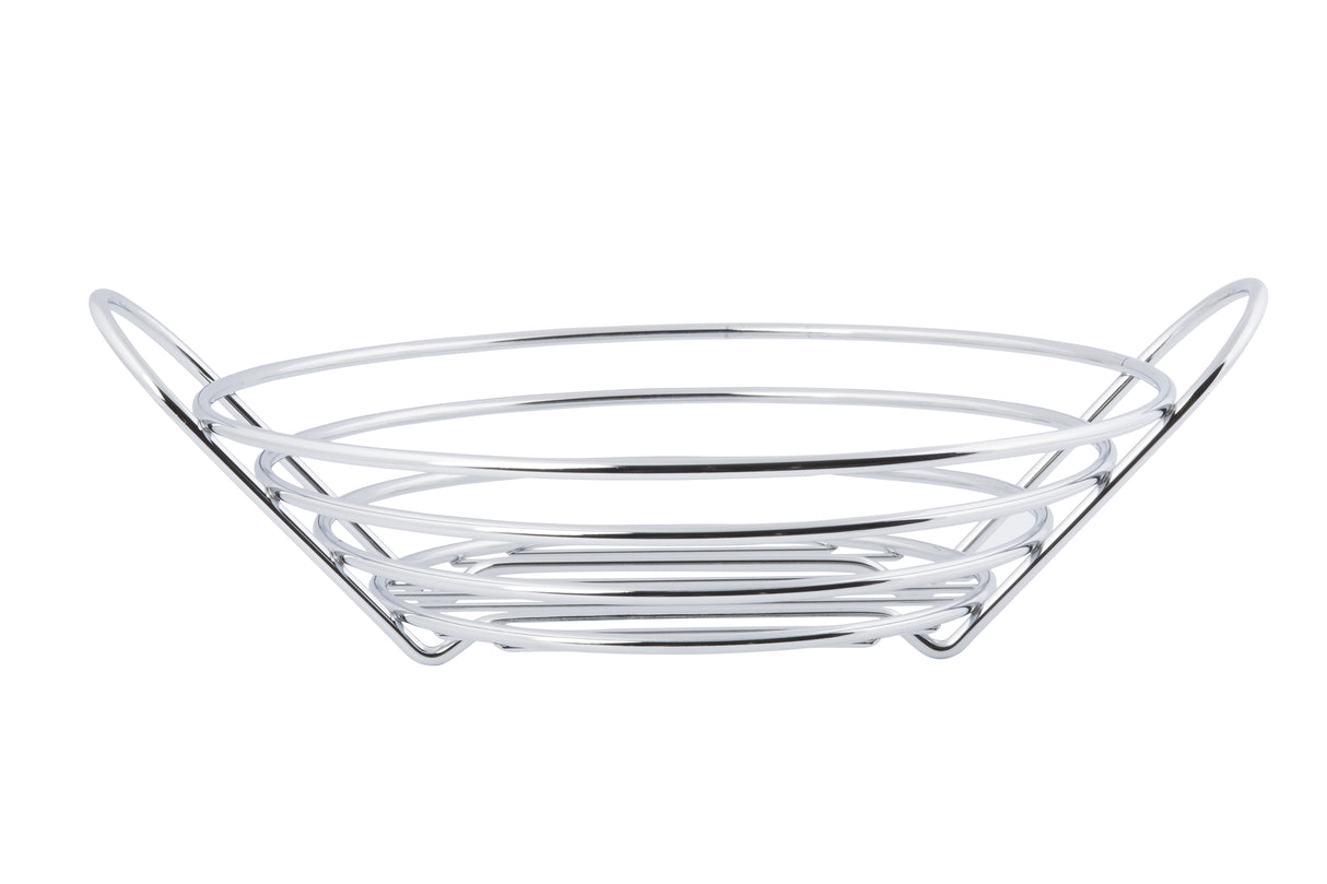 A round, chrome plated metal wire serving basket with wide, open spaces between circular rings. Sloping sides and two raised curved handles on each end create an airy, modern design—perfect for stylish kitchens. Background is plain white.