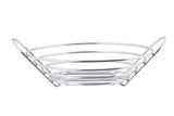 A round, chrome plated metal wire serving basket with wide, open spaces between circular rings. Sloping sides and two raised curved handles on each end create an airy, modern design—perfect for stylish kitchens. Background is plain white.