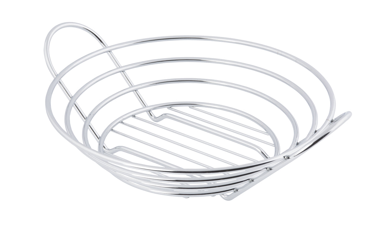 A shiny, chrome plated TableCraft serving basket with a rounded base and open, circular sides. Designed in a spiral pattern, it features a handle-like arch rising from one side. The empty basket sits against a plain white background.