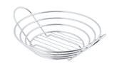 A shiny, chrome plated TableCraft serving basket with a rounded base and open, circular sides. Designed in a spiral pattern, it features a handle-like arch rising from one side. The empty basket sits against a plain white background.