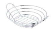 A shiny, chrome plated TableCraft serving basket with a rounded base and open, circular sides. Designed in a spiral pattern, it features a handle-like arch rising from one side. The empty basket sits against a plain white background.