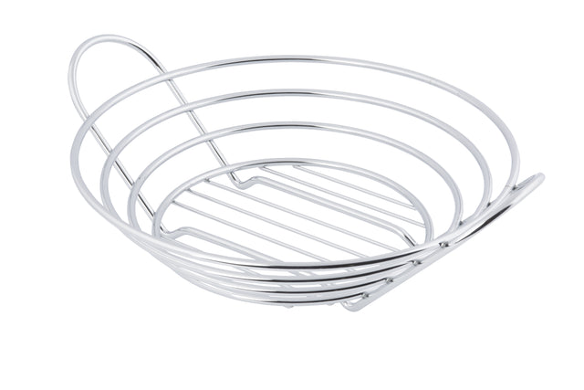 A shiny, chrome plated TableCraft serving basket with a rounded base and open, circular sides. Designed in a spiral pattern, it features a handle-like arch rising from one side. The empty basket sits against a plain white background.