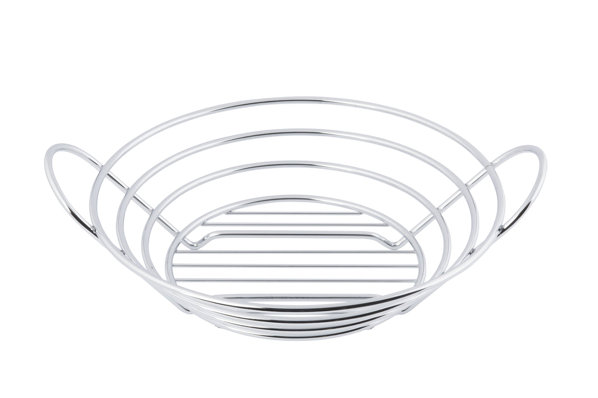 A round, silver chrome plated wire basket with two handles. The design features concentric circular wires forming the sides and base, with horizontal wires at the bottom for support. This TableCraft serving basket is empty and photographed against a white background.