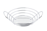 A round, silver chrome plated wire basket with two handles. The design features concentric circular wires forming the sides and base, with horizontal wires at the bottom for support. This TableCraft serving basket is empty and photographed against a white background.