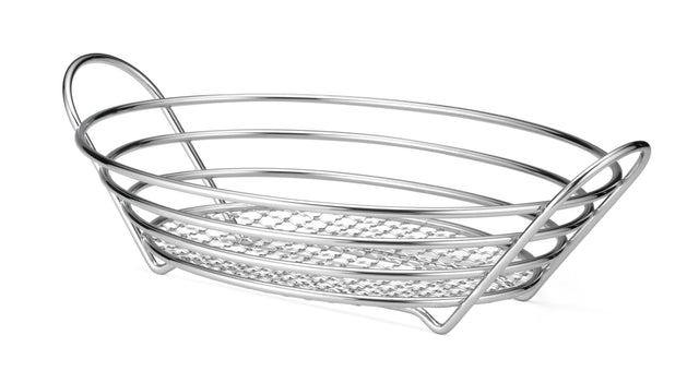 A shiny, oval-shaped chrome plated wire serving basket with open sides and a mesh bottom, featuring two handle-like arches on each end. The empty TableCraft basket is placed on a white background.