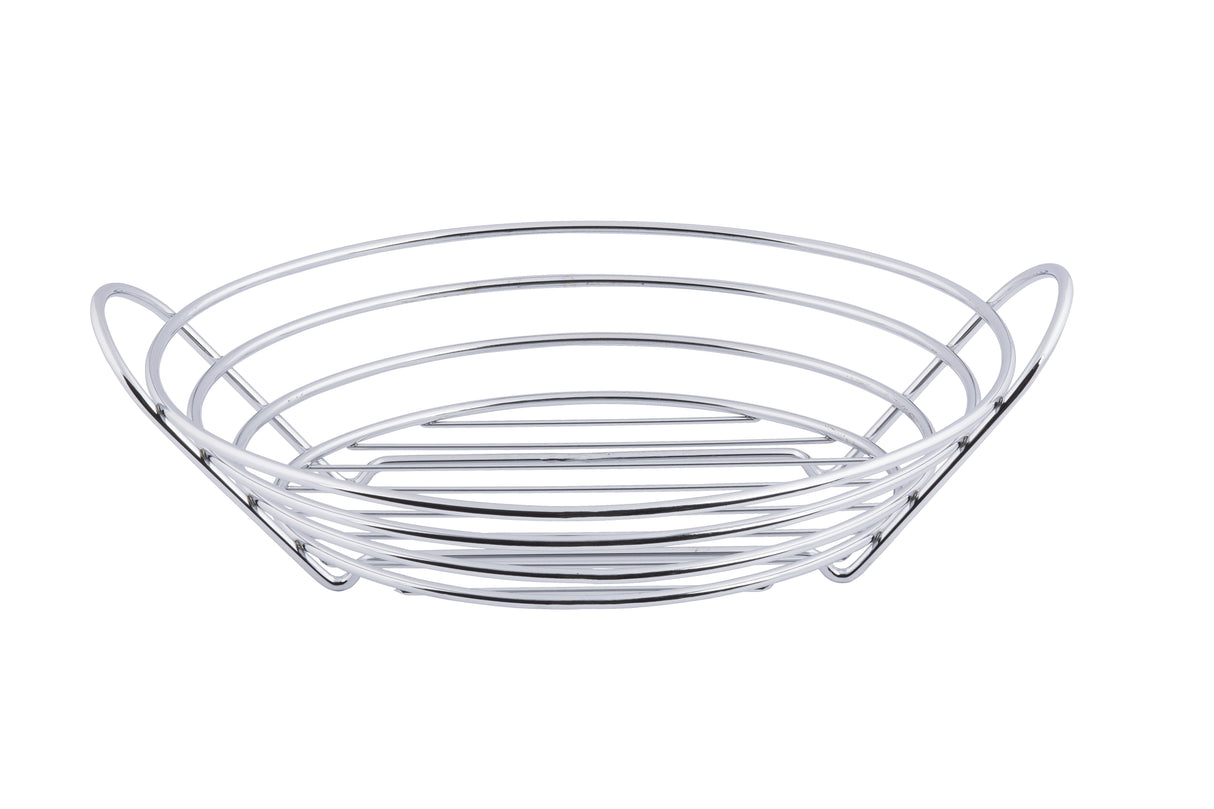 A round, chrome plated serving basket with open sides and a simple, modern design. Featuring horizontal metal rings and two small handles, this lightweight TableCraft piece adds an airy touch to any table setting.