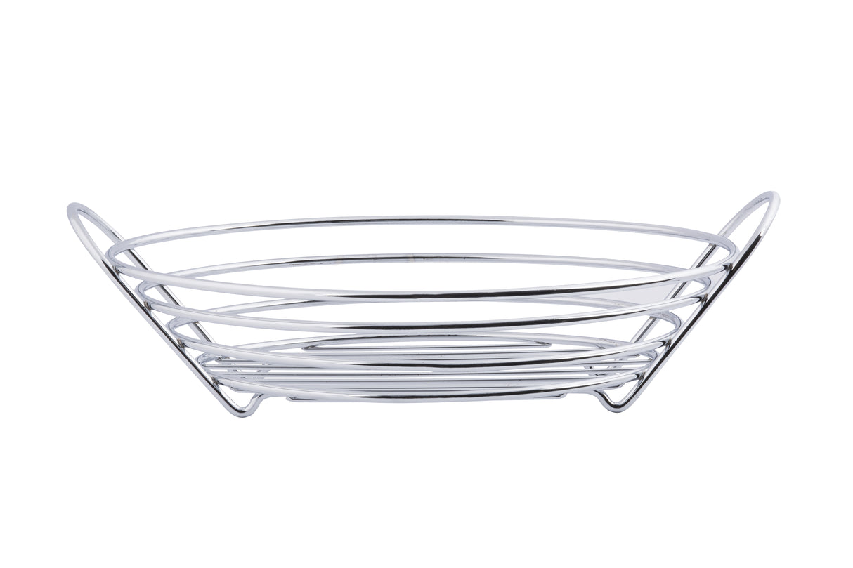 A chrome plated silver metal wire serving basket with a circular base and sloping sides formed by concentric rings, creating an open, airy structure. The basket has two upward-angled handles integrated into the design. Background is plain white.