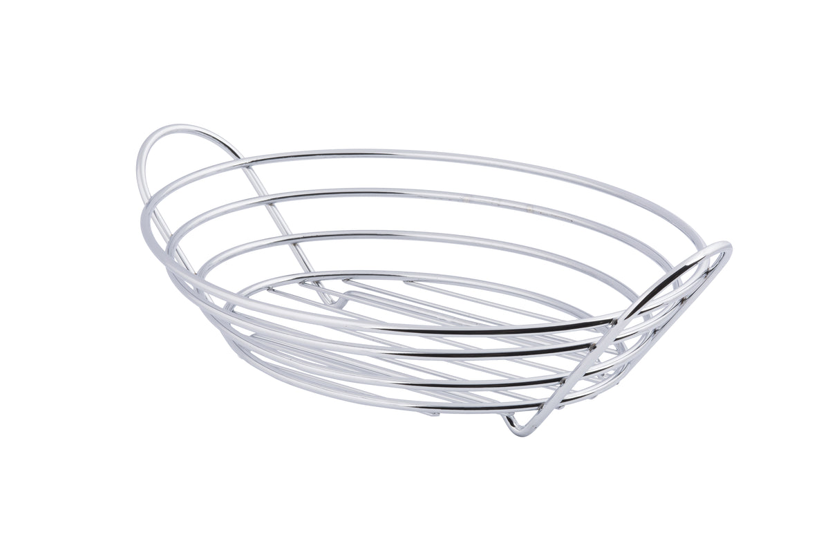 A chrome plated metal wire serving basket with an open, oval shape and parallel horizontal bars forming the sides and base. The TableCraft basket features two integrated handles on each end and small feet underneath for a slightly elevated stance.