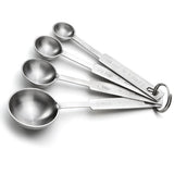 This stainless steel measuring spoon set includes four shiny spoons labeled with standard measurements. Stacked on a metal ring, each is dishwasher safe for easy cleanup and lasting durability.