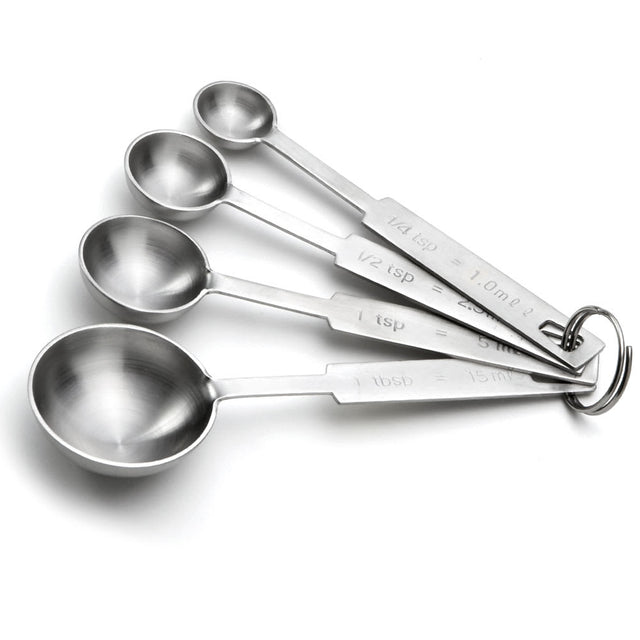 This stainless steel measuring spoon set includes four shiny spoons labeled with standard measurements. Stacked on a metal ring, each is dishwasher safe for easy cleanup and lasting durability.