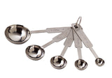 This stainless steel measuring spoon set features five nested spoons labeled from 1 tablespoon to 1/8 teaspoon, all connected by a handy ring at the handles. Durable and dishwasher safe for effortless cleanup.
