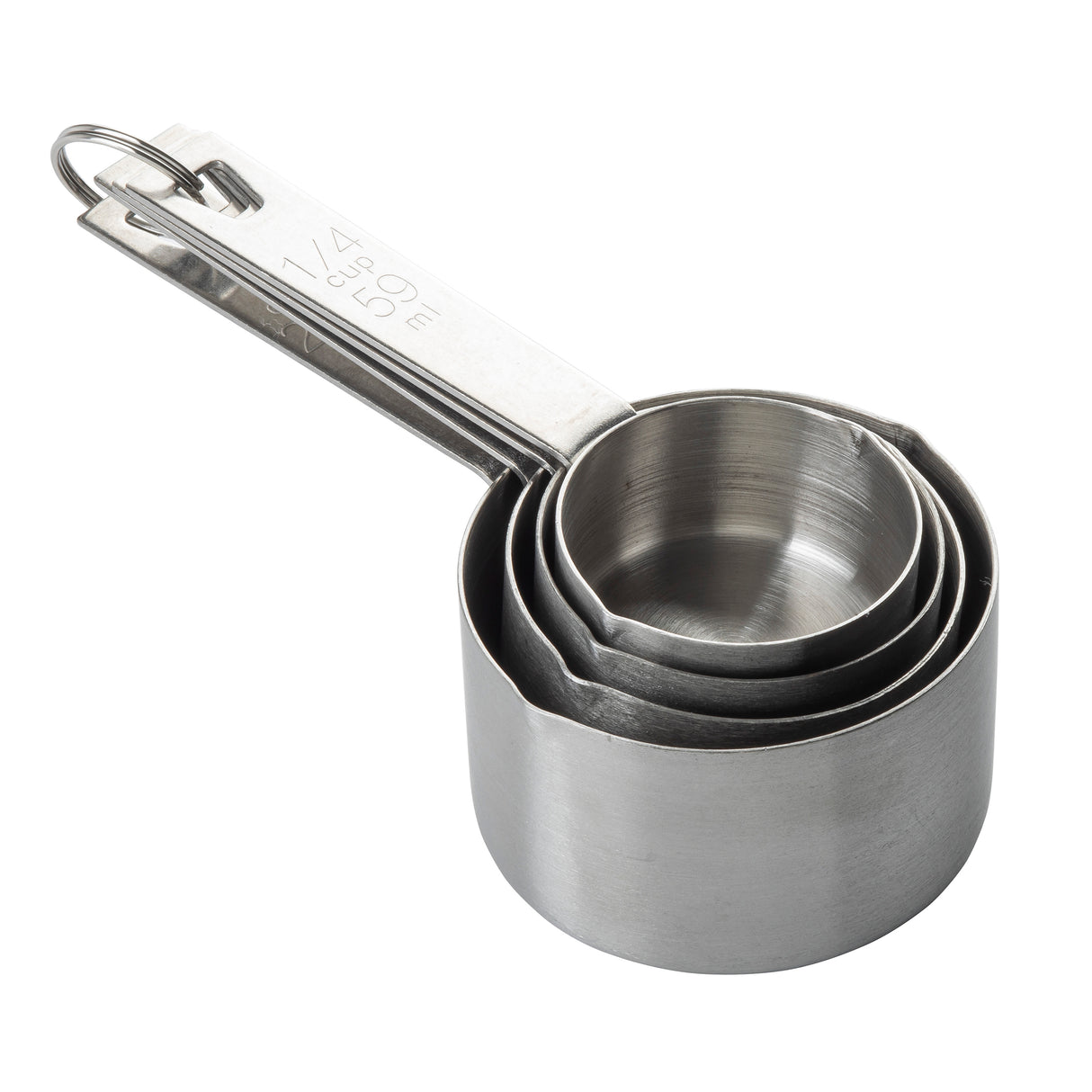 A stainless steel measuring cup set of four nested cups, held together by a metal ring. The handles are marked with measurements, with 1/4 cup 60 ml visible on top. Durable and dishwasher safe for easy cleaning.