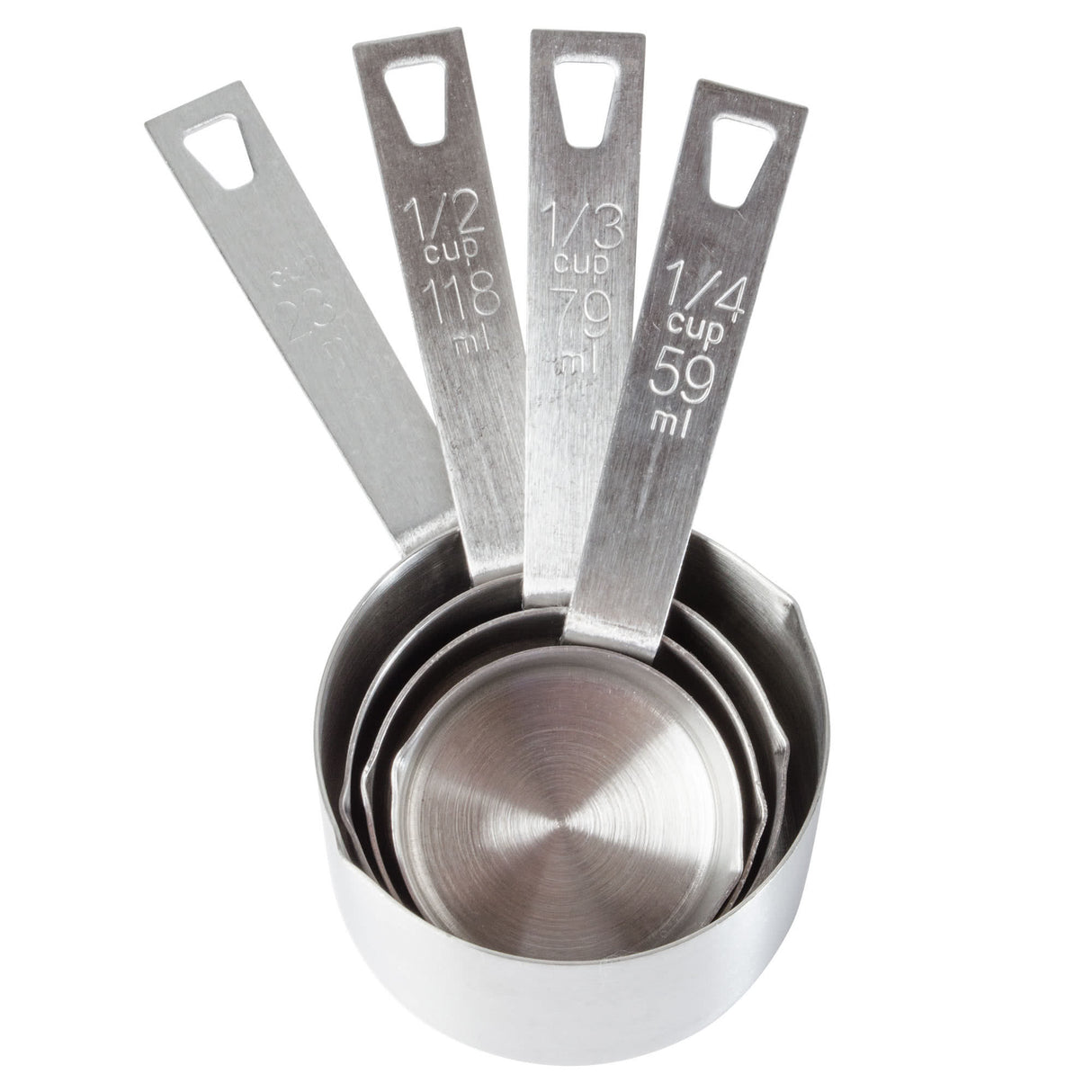 A stainless steel measuring cup set of four nested cups arranged in a fan shape. Sizes include 1/2, 1/3, 1/4, and 1 cup, with both cup and milliliter markings on the handles. Durable and dishwasher safe for easy cleanup.