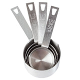 A stainless steel measuring cup set of four nested cups arranged in a fan shape. Sizes include 1/2, 1/3, 1/4, and 1 cup, with both cup and milliliter markings on the handles. Durable and dishwasher safe for easy cleanup.