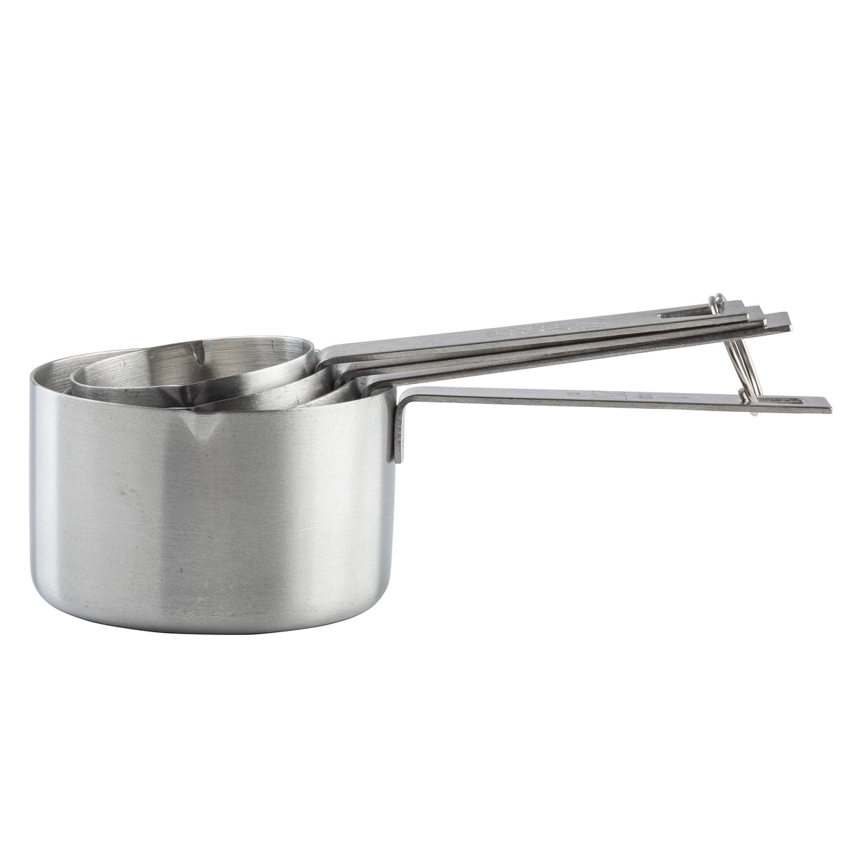 A dishwasher safe measuring cup set, this stack of four stainless steel cups features neatly aligned side handles and etched measurement markings. Each cup has a polished, modern look in varying sizes for precise kitchen tasks.