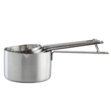 A dishwasher safe measuring cup set, this stack of four stainless steel cups features neatly aligned side handles and etched measurement markings. Each cup has a polished, modern look in varying sizes for precise kitchen tasks.