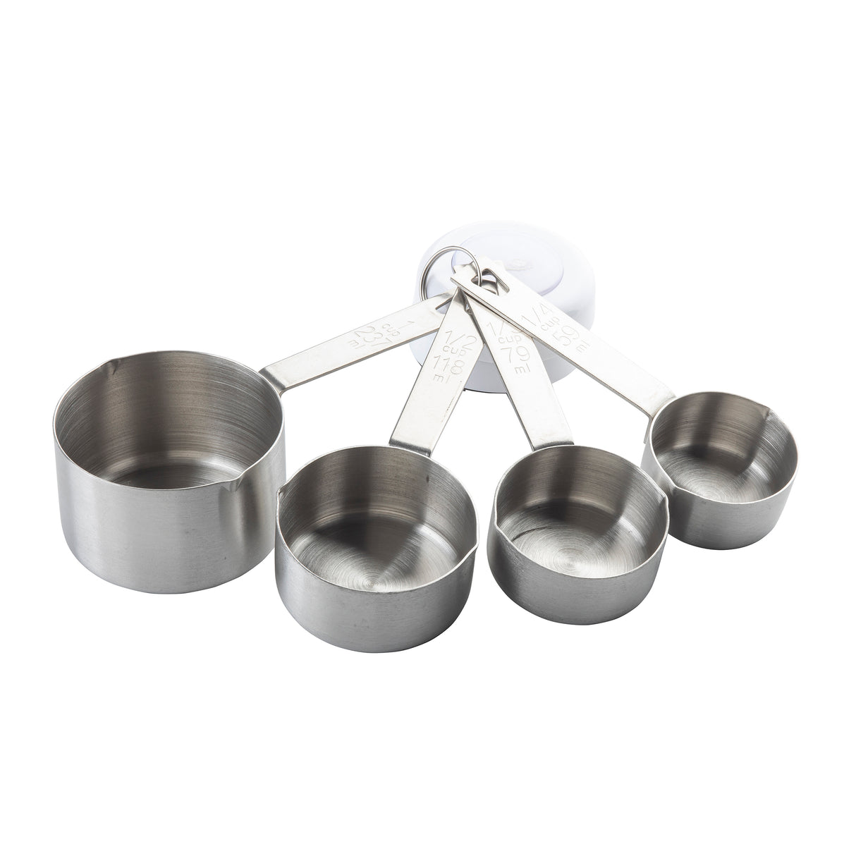 A stainless steel measuring cup set of four sizes (1 cup, 1/2 cup, 1/3 cup, 1/4 cup) stacked together on a ring and fanned out on a white background. This dishwasher safe set is both practical and stylish for your kitchen.