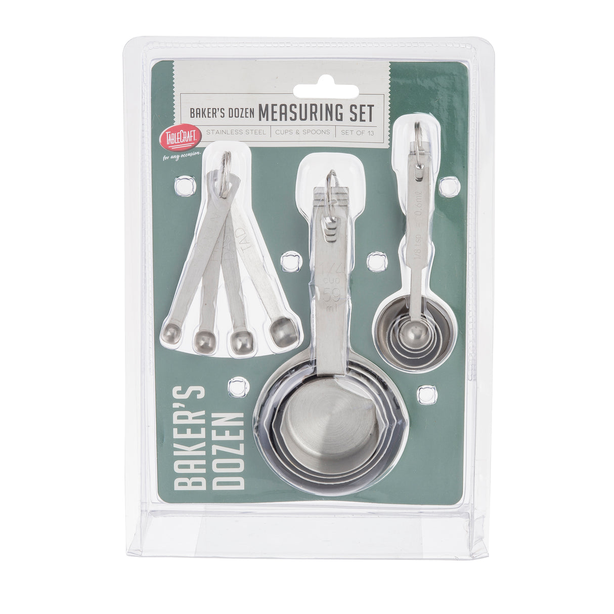 A baker's dozen measuring set in plastic packaging features four stainless steel measuring cups and four dishwasher safe measuring spoons, all nested with metal rings. The green cardboard backing reads Bakers Dozen Measuring Set and Stainless Steel Cups & Spoons, Set of 8.