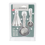 A baker's dozen measuring set in plastic packaging features four stainless steel measuring cups and four dishwasher safe measuring spoons, all nested with metal rings. The green cardboard backing reads Bakers Dozen Measuring Set and Stainless Steel Cups & Spoons, Set of 8.