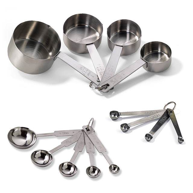 This stainless steel measuring set features two sets of tools: four measuring cups and five spoons, all attached by metal rings—perfect for precise baking and creating your own baker’s dozen recipes.