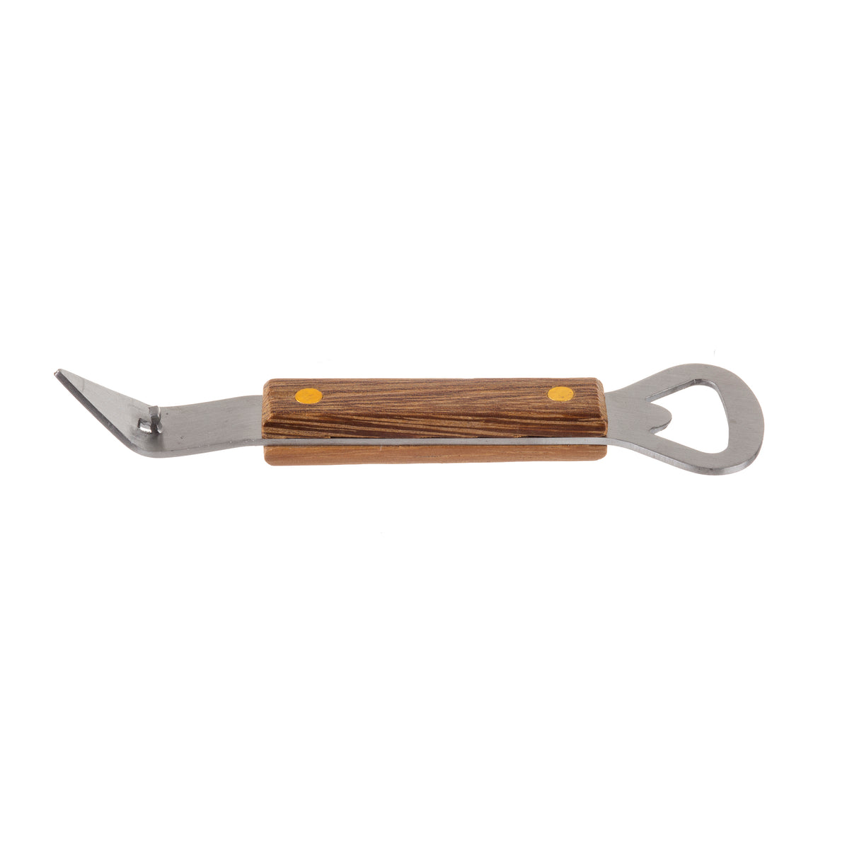 A metal tool with a brown wood handle and two yellow dots; one end has a pointed, angled blade, while the other end features a stainless steel bottle opener with a heart-shaped opening.