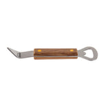 A metal tool with a brown wood handle and two yellow dots; one end has a pointed, angled blade, while the other end features a stainless steel bottle opener with a heart-shaped opening.