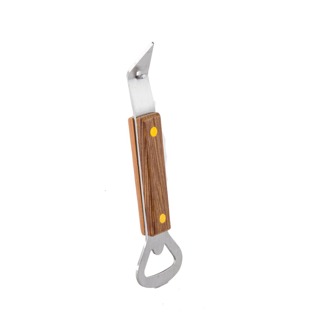 A Cash & Carry Bottle Opener with stainless steel construction, pointed end, wooden side grips, and two yellow rivets. The handle has a wood texture, and the opener features a traditional loop for prying off caps on a white background.