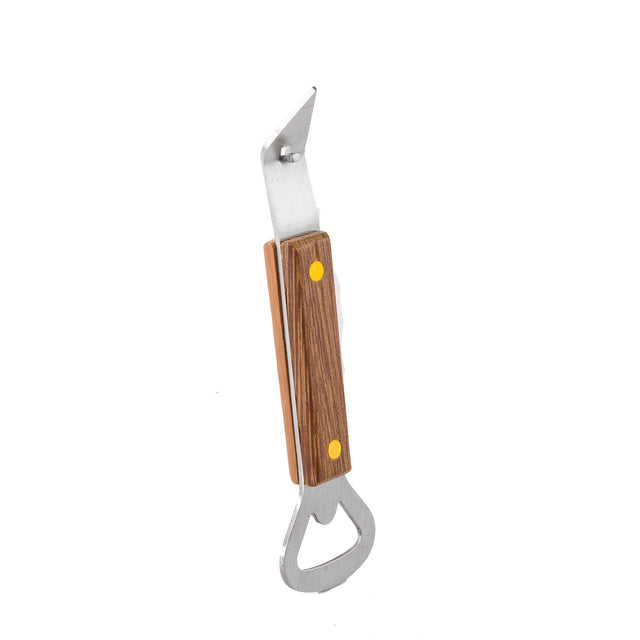 A Cash & Carry Bottle Opener with stainless steel construction, pointed end, wooden side grips, and two yellow rivets. The handle has a wood texture, and the opener features a traditional loop for prying off caps on a white background.