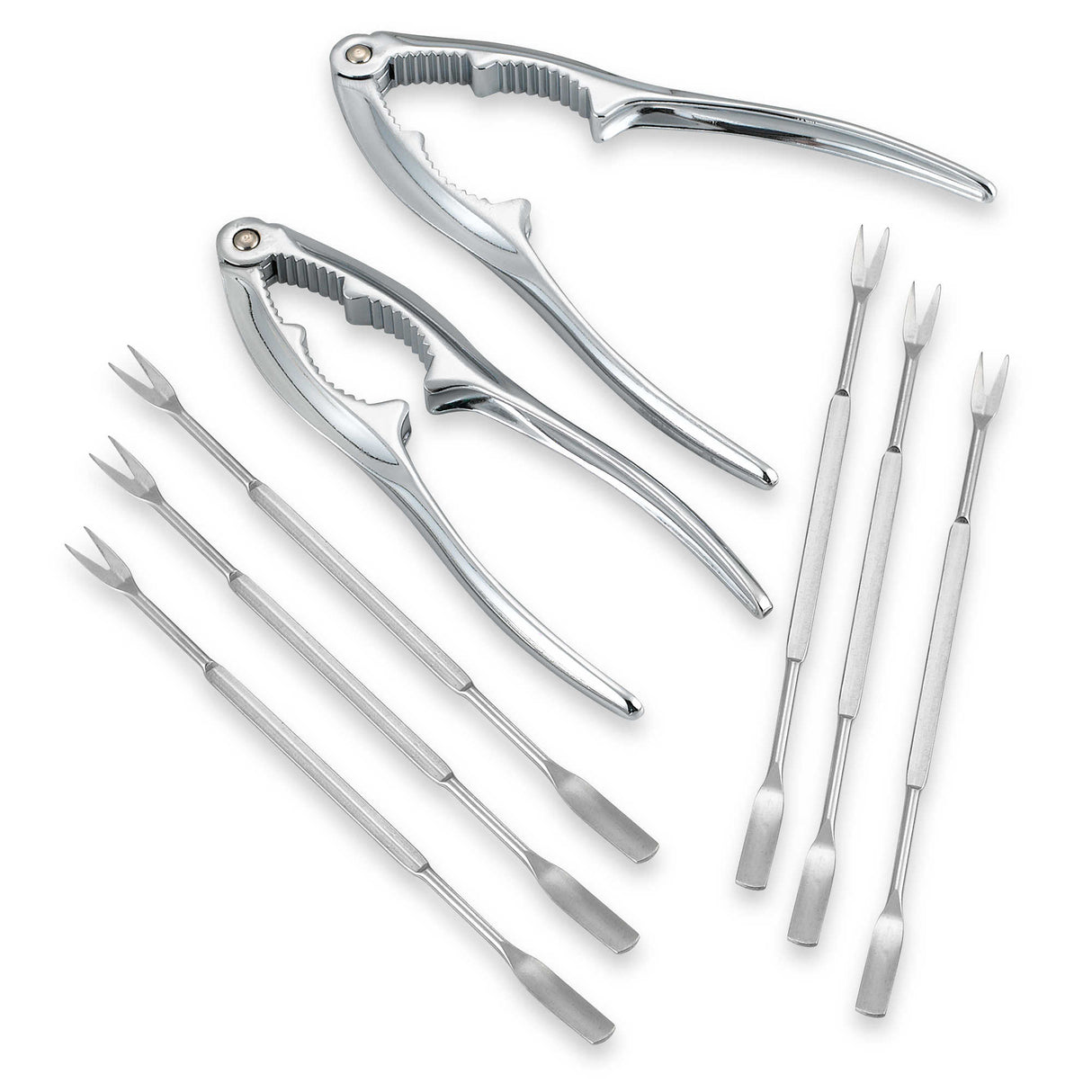 A seafood kit is displayed on a white background, featuring two silver lobster crackers and six double-ended fork picks, each with a small fork on one end and a flat scoop on the other. All tools are metallic and perfect for shellfish.