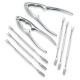 A seafood kit is displayed on a white background, featuring two silver lobster crackers and six double-ended fork picks, each with a small fork on one end and a flat scoop on the other. All tools are metallic and perfect for shellfish.