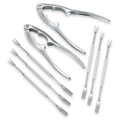 A seafood kit is displayed on a white background, featuring two silver lobster crackers and six double-ended fork picks, each with a small fork on one end and a flat scoop on the other. All tools are metallic and perfect for shellfish.