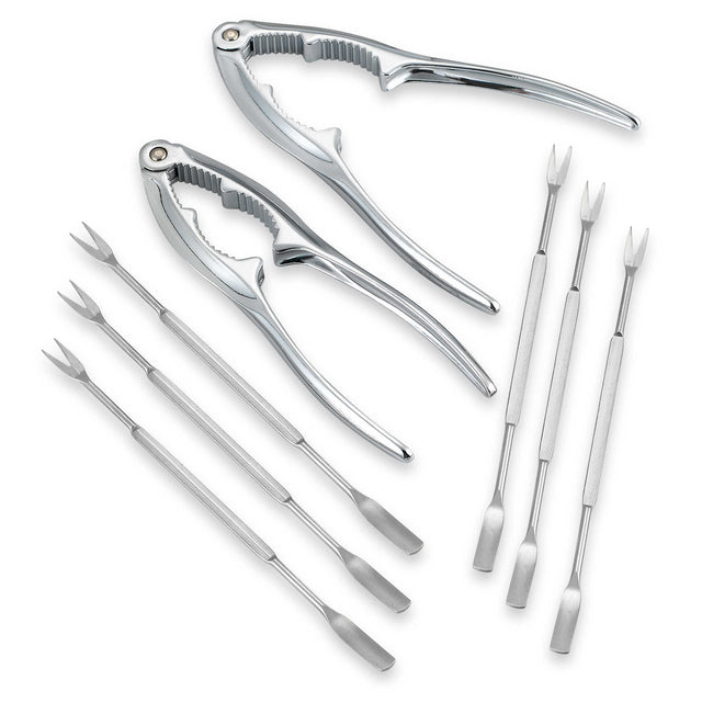 A seafood kit is displayed on a white background, featuring two silver lobster crackers and six double-ended fork picks, each with a small fork on one end and a flat scoop on the other. All tools are metallic and perfect for shellfish.