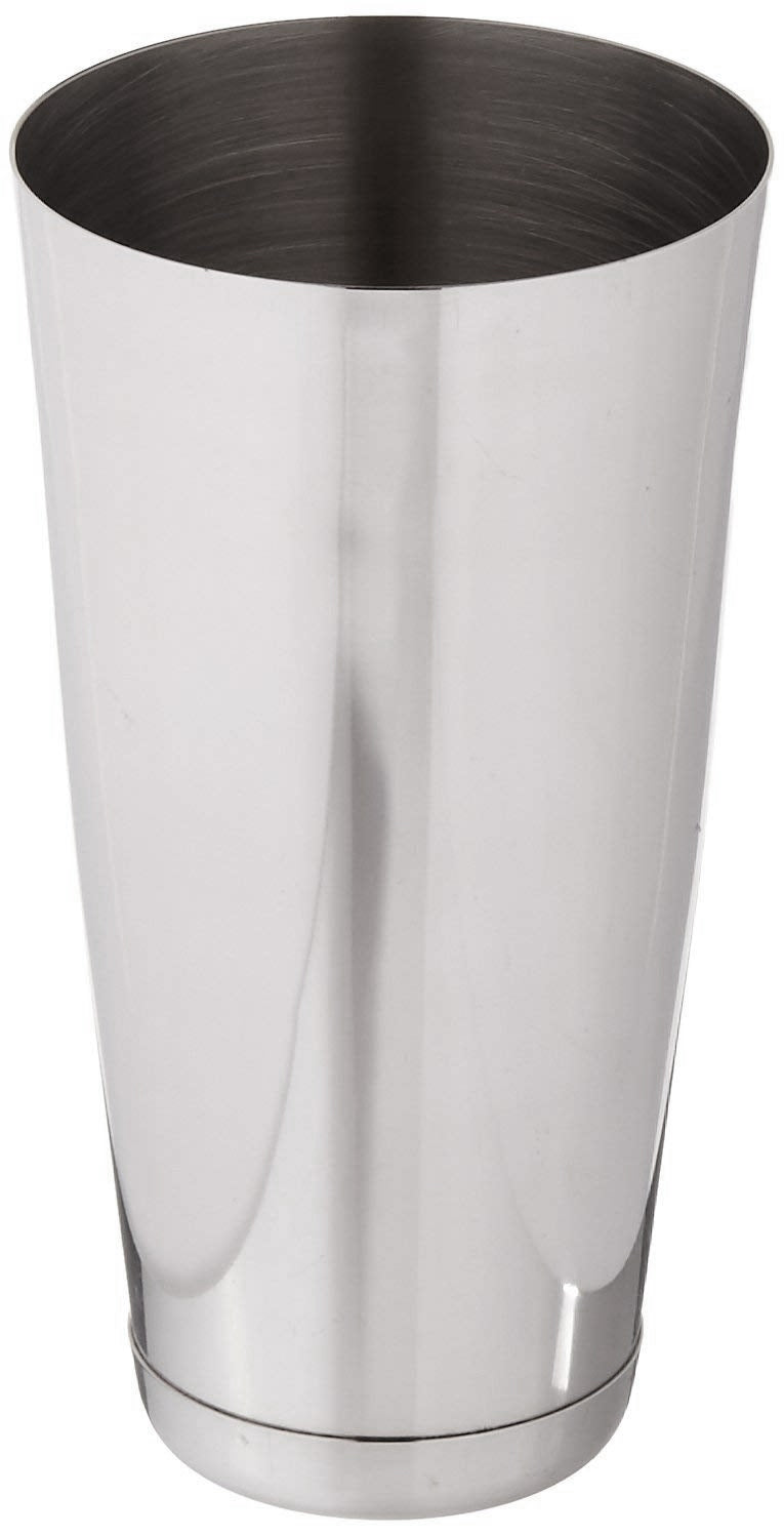 A shiny, metallic 28 oz bar shaker tin made of stainless steel with a smooth, reflective surface. It is cylindrical, tapers slightly at the bottom, and is open at the top. The shaker appears empty against a plain white background.