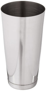 A shiny, metallic 28 oz bar shaker tin made of stainless steel with a smooth, reflective surface. It is cylindrical, tapers slightly at the bottom, and is open at the top. The shaker appears empty against a plain white background.