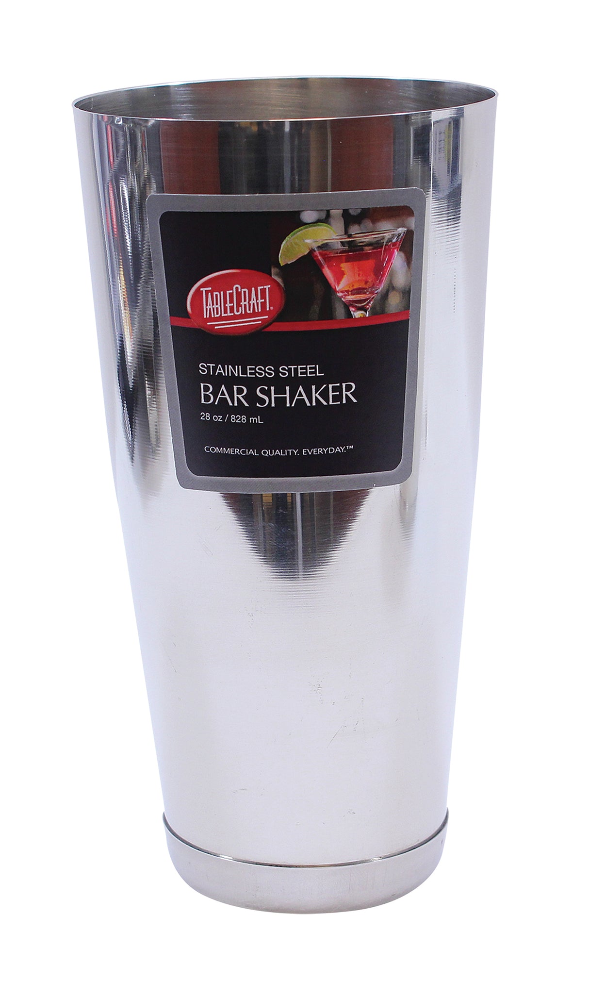 A shiny Bar Shaker crafted from stainless steel, featuring a black and red label that reads TableCraft Stainless Steel Bar Shaker, 28 oz / 828 mL. A cocktail with a lime garnish appears on the label as the upright shaker displays its commercial quality.