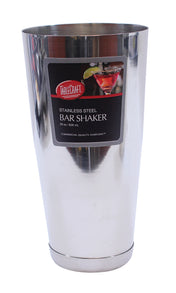 A shiny Bar Shaker crafted from stainless steel, featuring a black and red label that reads TableCraft Stainless Steel Bar Shaker, 28 oz / 828 mL. A cocktail with a lime garnish appears on the label as the upright shaker displays its commercial quality.