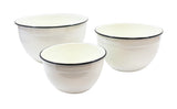 Three white enamelware mixing bowls of different sizes are shown. Each bowl has a smooth, glossy surface and a thin black rim around the top edge. The dishwasher safe set is nested closely together on a plain white background.